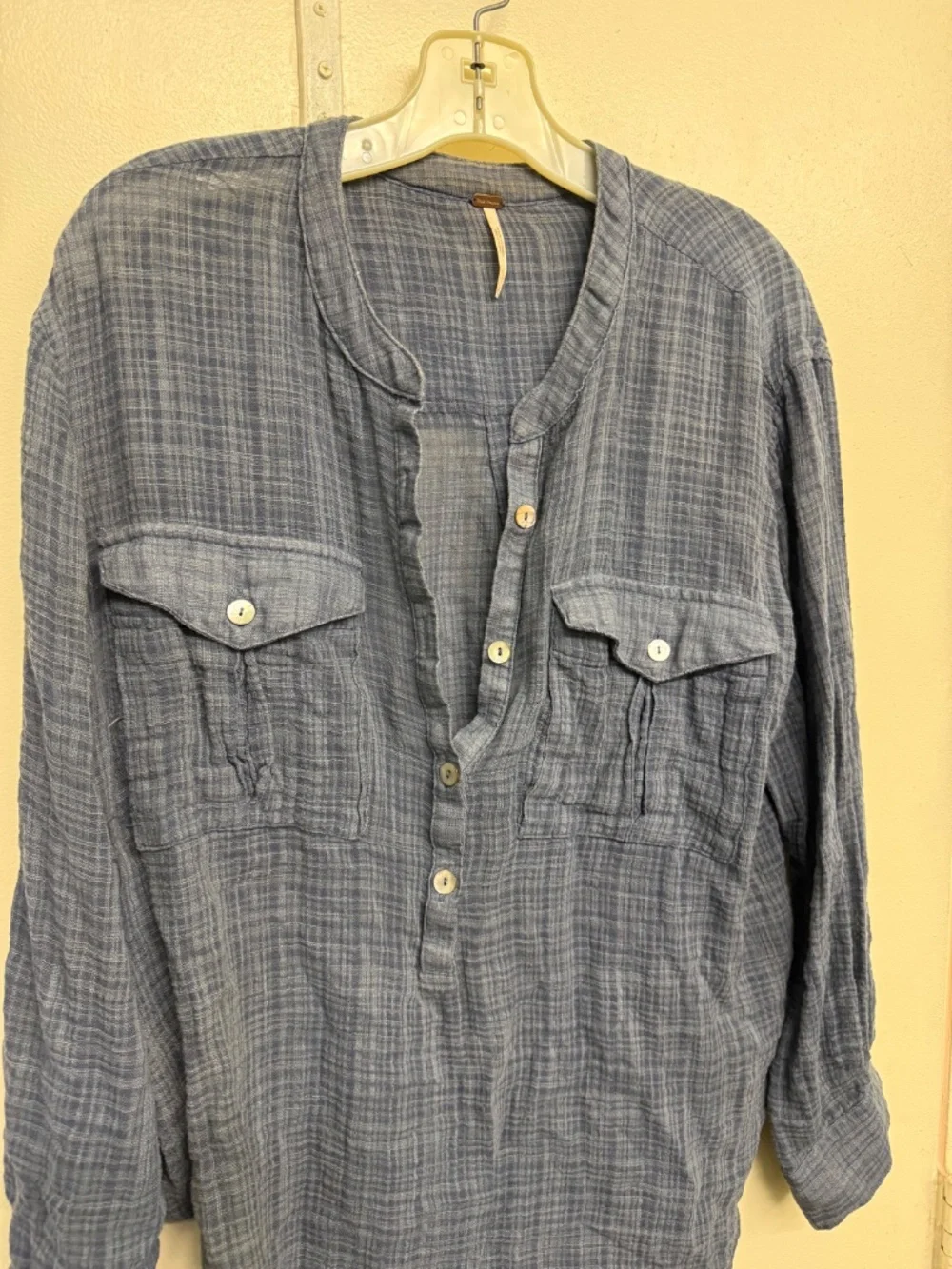Free People Blue Soft Linen Button Down Top
